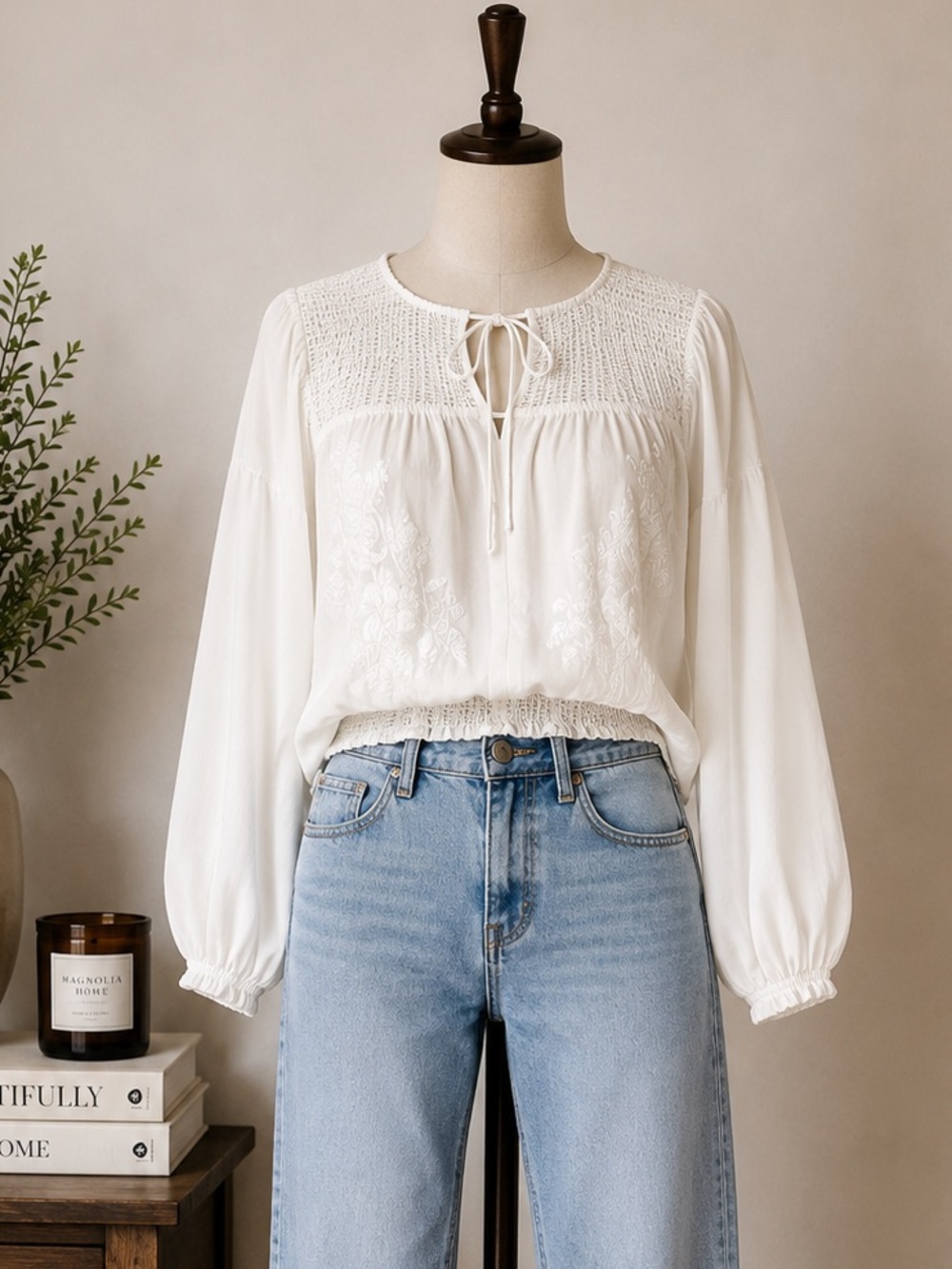 White Embroidered Boho Peasant Blouse Smocked Romantic Long Sleeve Tristán Small